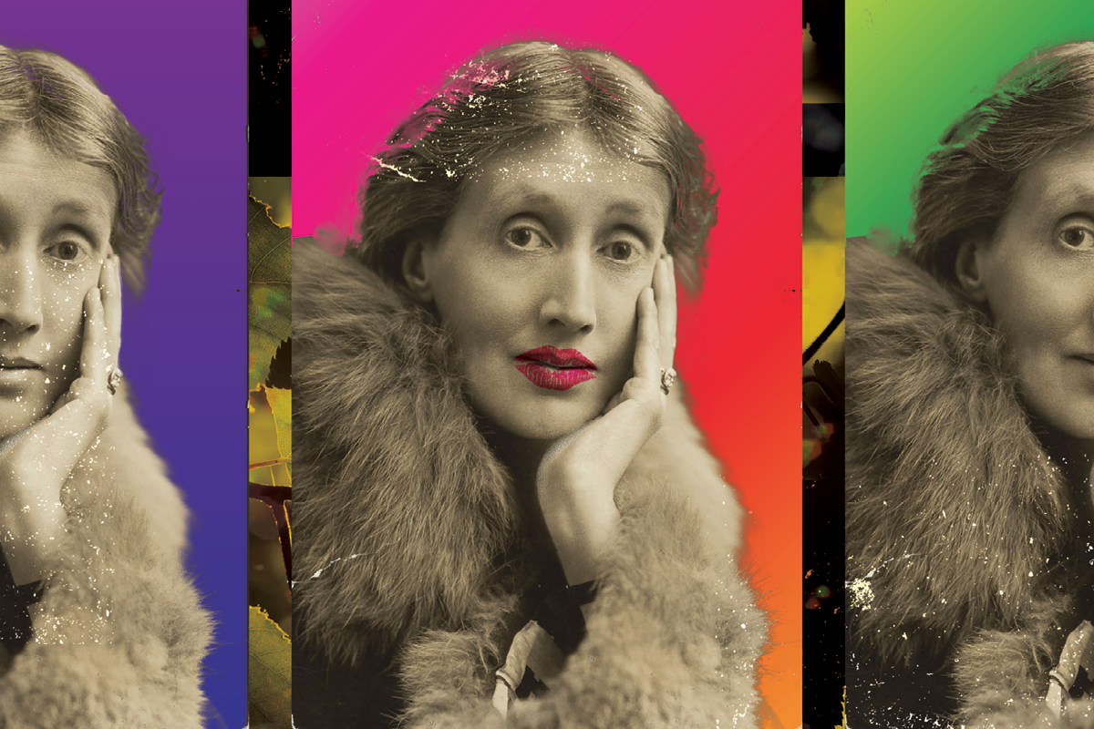 Orlando poster image. Three photos of Virginia Woolf with varying rainbow backgrounds.