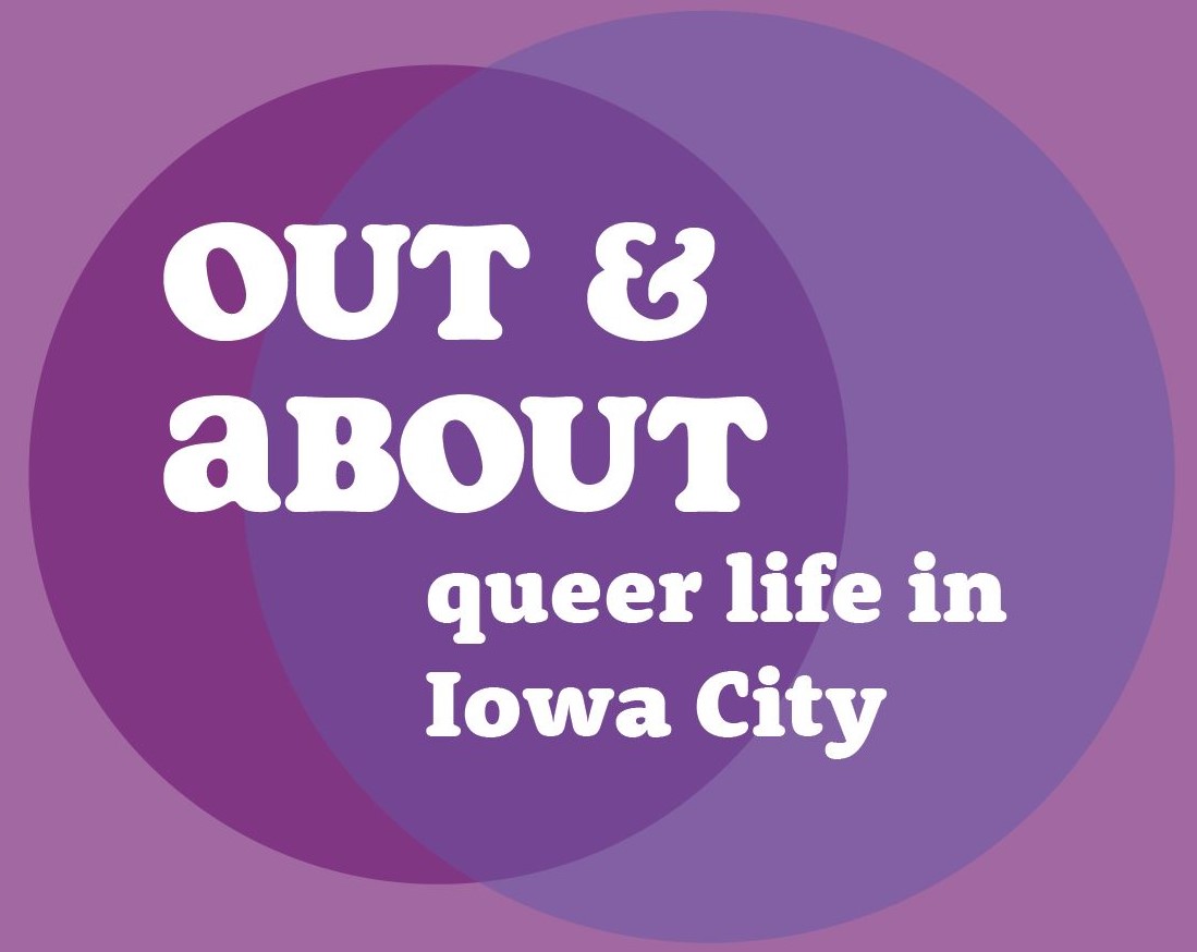 Purple circles around the exhibit title of Out and About: Queer Life in Iowa City
