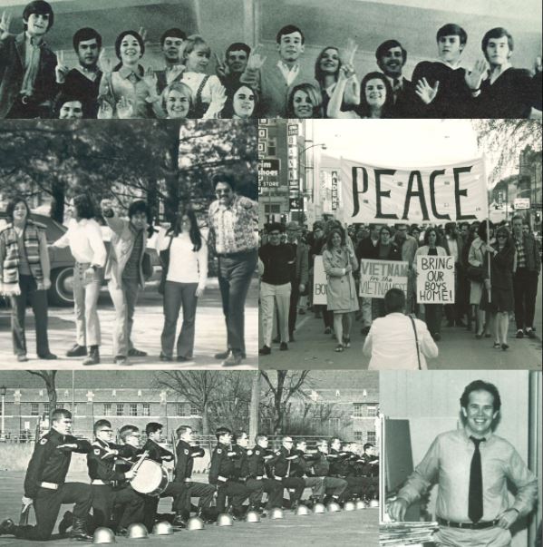 Photos from the 60s and 70s of life on campus. Orientation, protest, army drill team, The Daily Iowan.