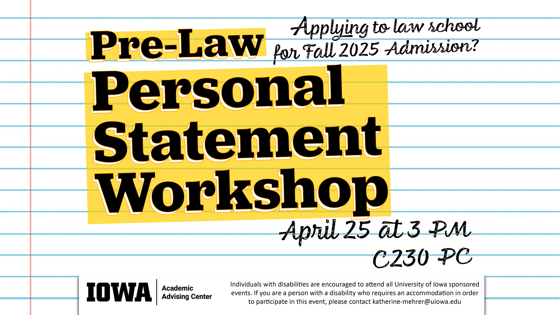 colorful flyer with information for pre-law statement workshop event