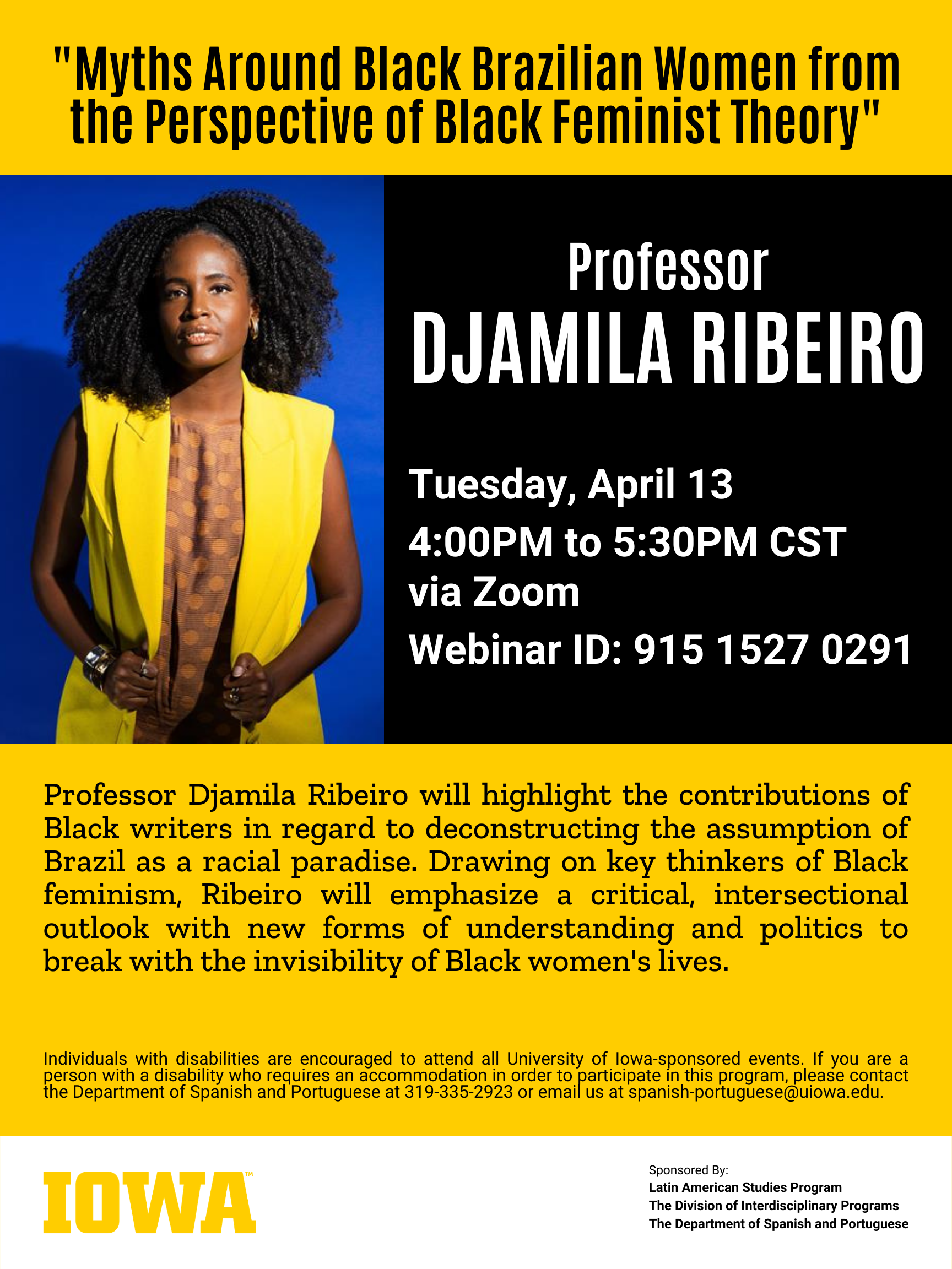flyer featuring a black woman in a yellow dress; words are "Professor Djamilla Ribiero" 