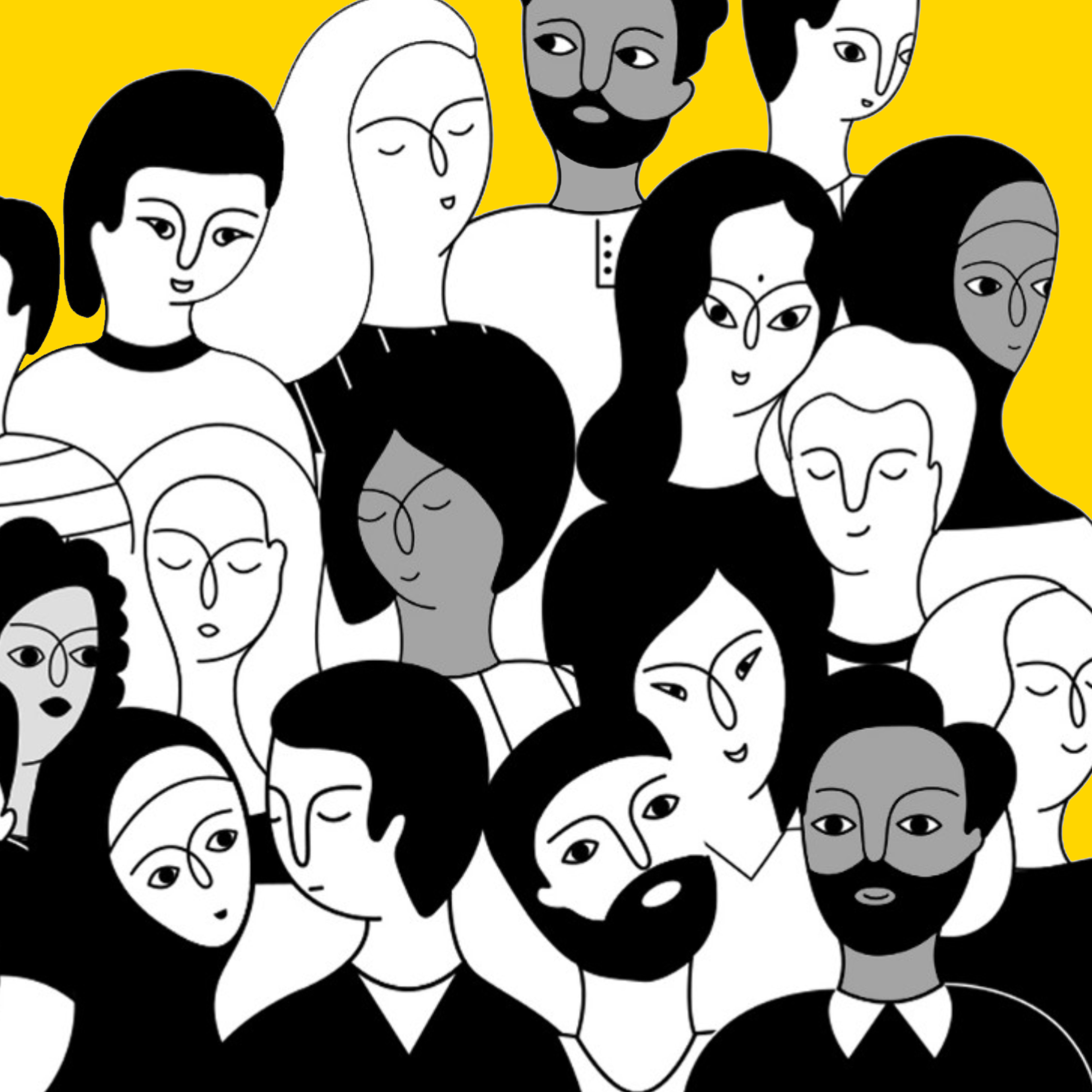 multiple drawn people in black and white