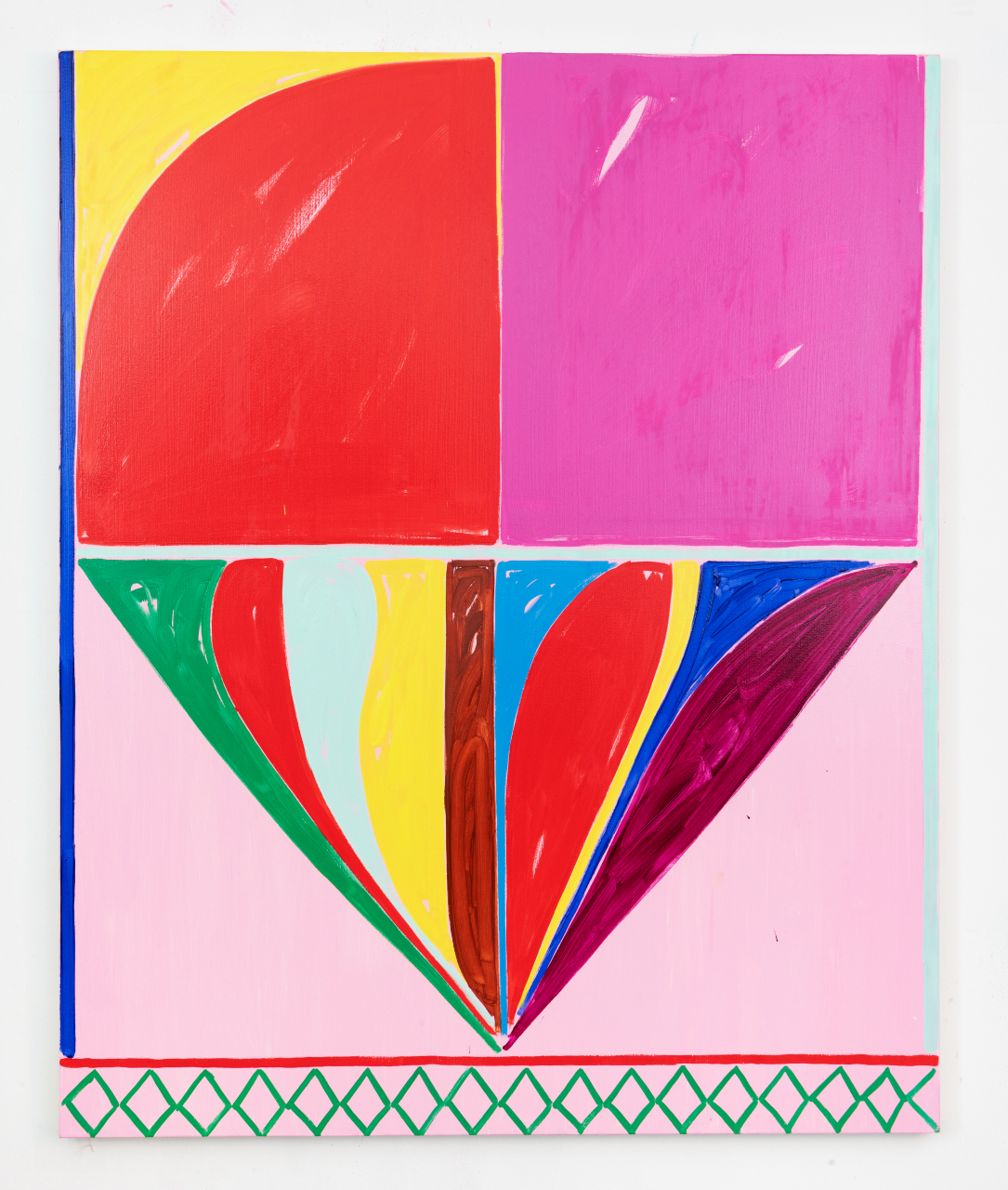 Reflection Pool (The Annunciation) 2022,  left side blue stripe vertical until touches red stripe horizontal, green diamond pattern below on pink background, upper yellow arch with red arc right darker pink rectangle, under green red blue yellow reds