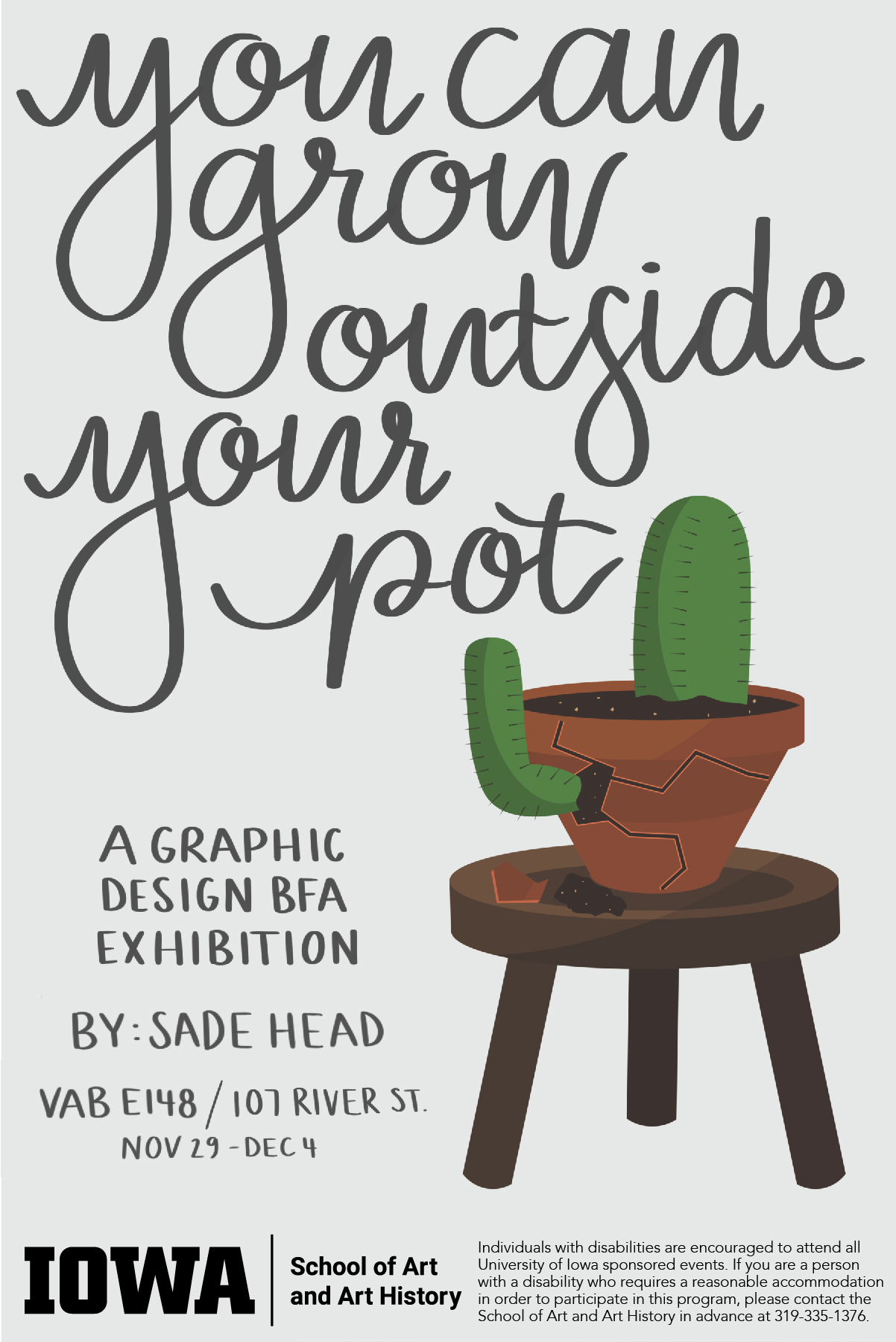 grey words, white background, brown stook with a green cactus breaking through a clay pot with black dirt