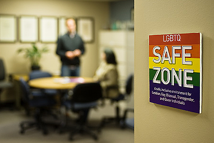Blurred image of two individuals near a table, one standing and one sitting. On the right side there is an image of a LGBTQ Safe Zone words on a rainbow placard.