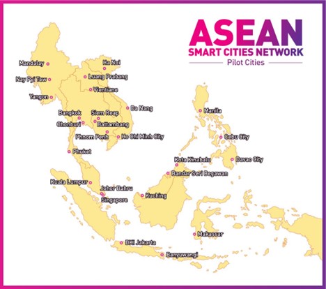 A picture of Association for Southeast Asian Nations Smart Cities Networks. It is a map of Myanmar, Vietnam, Laos, Thailand, Cambodia, Malaysia, Indonesia, Philippines