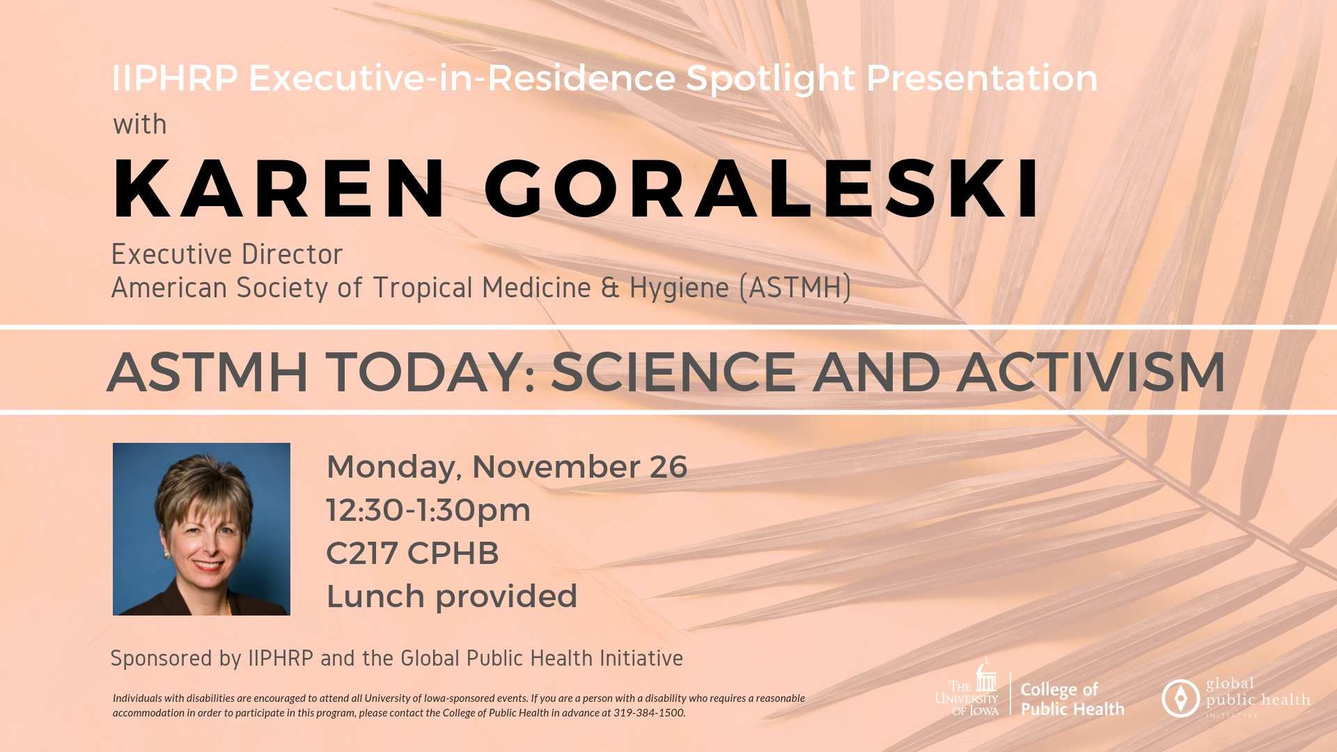 CANCELED IIPHRP Executive in Resident Spotlight: ASTMH Today: Science and Activisim with Karen Goraleski promotional image
