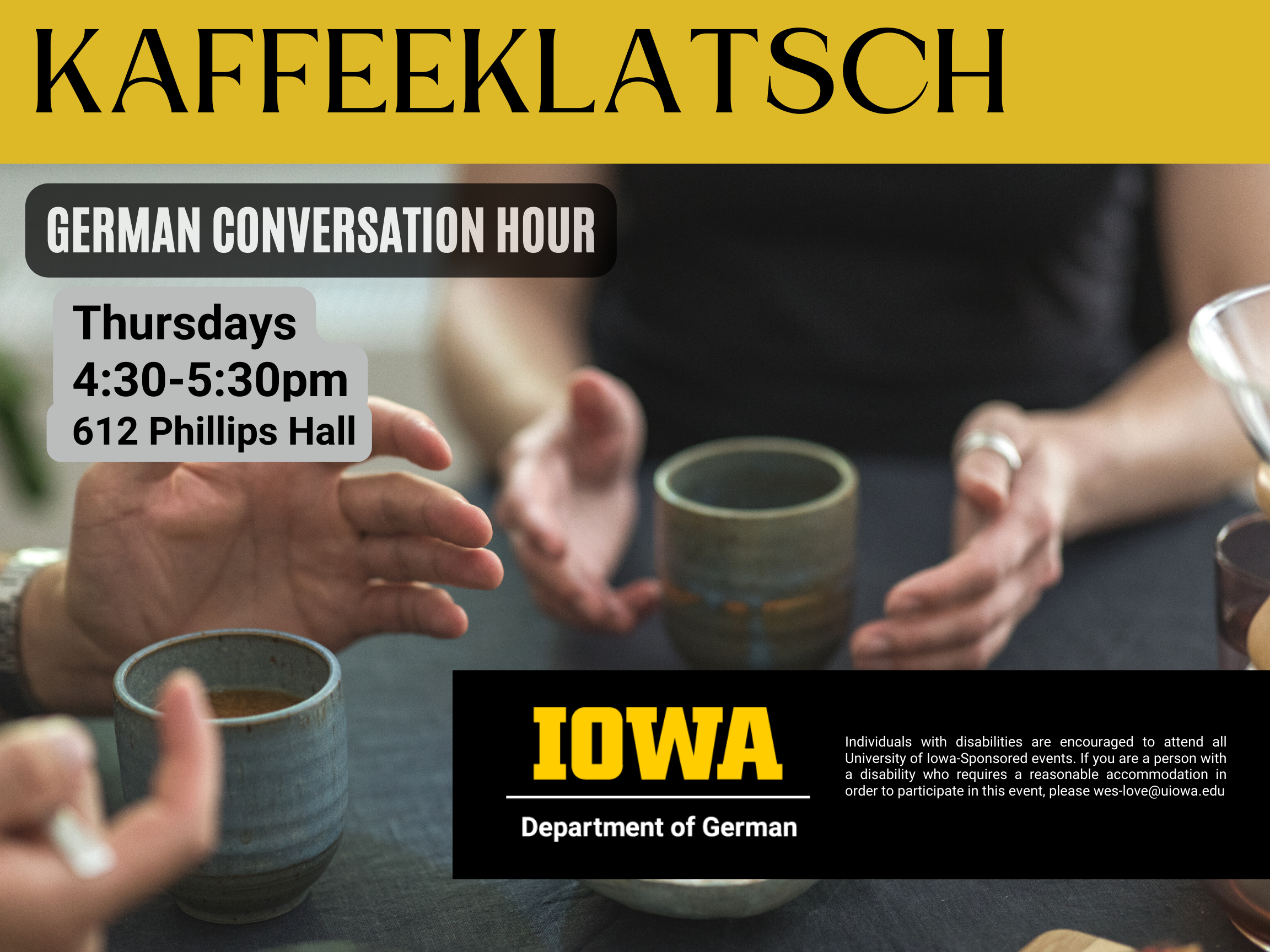 flyer for German conversation hour - Thursdays from 4:30 to 5:30 pm in 612 PH