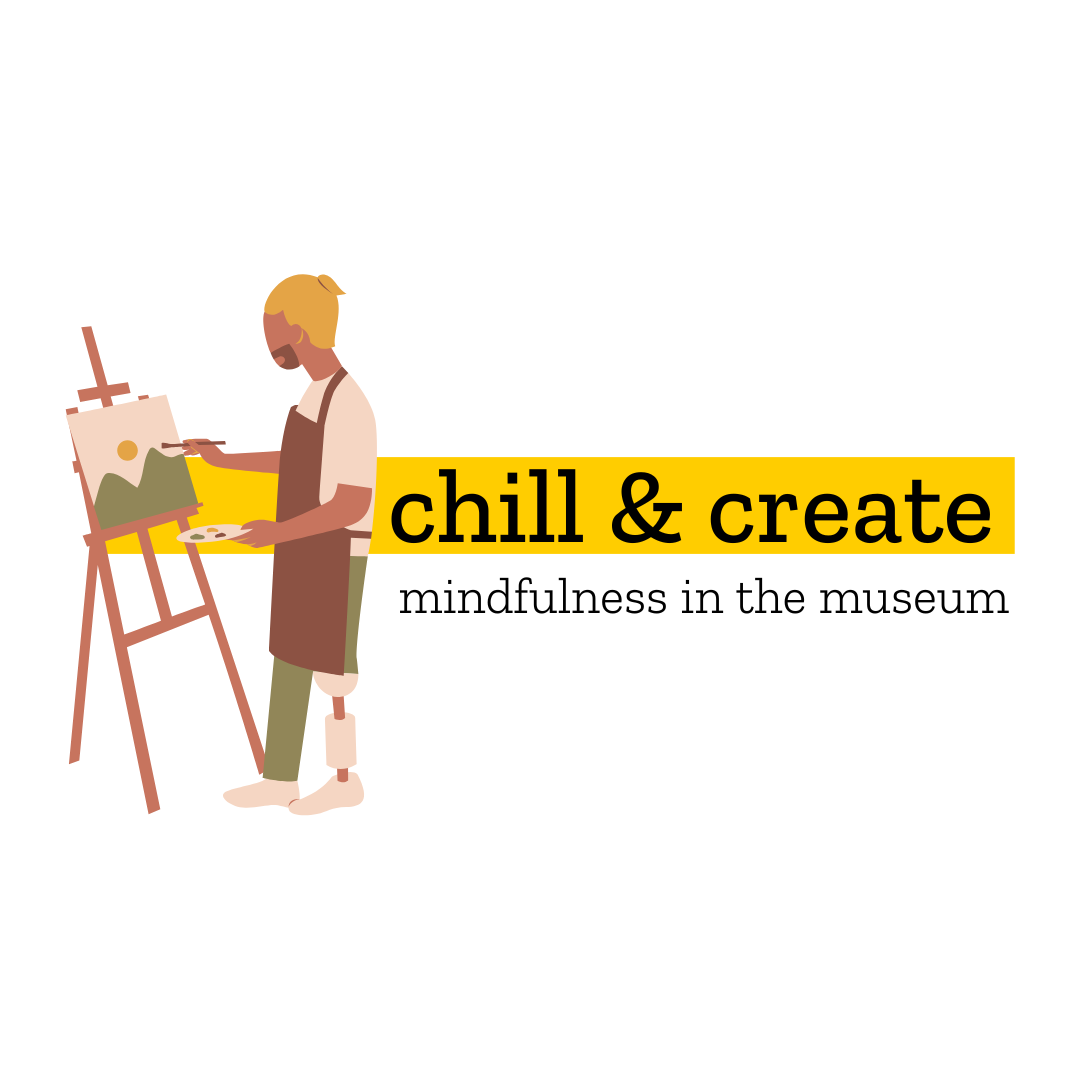 drawing of person wearing an apron painting at an easel. Text reads "Chill and Create"