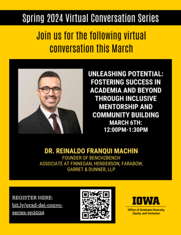 vertical flyer with picture of Dr. Machin on left. On right, text in white says "Unleashing Potential: Fostering Success in Academia and Beyond Through Inclusive Mentorship and Community Building March 6th: 12:00PM-1:30PM".