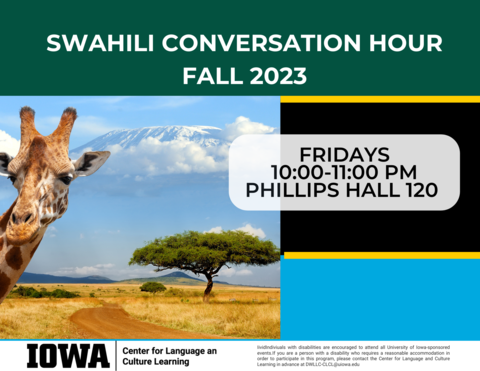 Swahili Conversation Hour Fall 2023 on Fridays from 10:00 am to 11:00 am in PH 120