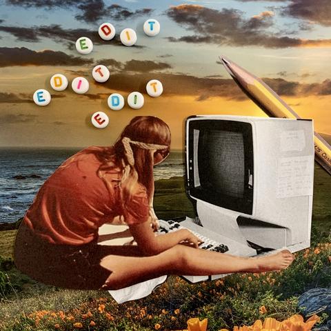A collaged promotional image for the Stanley Museum of Art's Wikipedia Edit-a-thon, featuring a woman at a computer in a field of flowers, the word "edit' spelled out three times above her head in colorful beads.