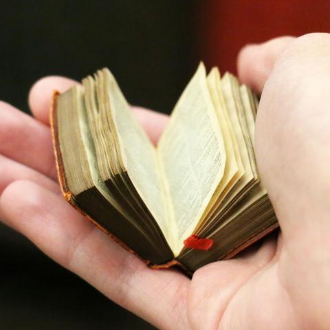 A hand cradling a very small book in its palm.