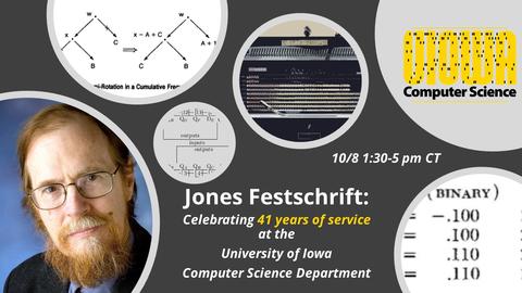 Doug Jones with event details "\;Jones Festschrift: Celebrating 41 years of service at the University of Iowa Computer Science Department and images excerpted from Jones research