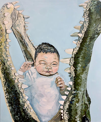 drawing of an infant in the jaws of an alligator