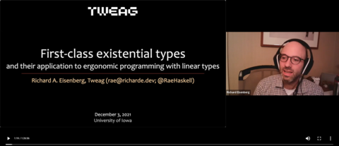 First slide from 12/3 Colloquium - First-class existential types, and their application to ergonomic programming with linear types