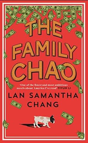 cover of a red book with the title "The Family Chao by Samantha Chang." There are green dollar bills and a white dog against the red background.