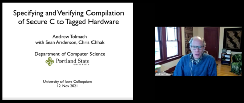 First slide and speaker view from 11/12 Colloquium - Specifying and Verifying Compilation of Secure C to Tagged Hardware