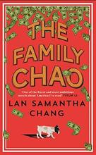 cover of a red book with the title "The Family Chao by Samantha Chang." There are green dollar bills and a white dog against the red background.