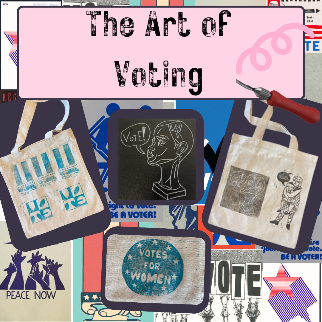 A graphic advertising the Stanley Museum of Art event, "Night at the Museum: The Art of Voting." It features a collage of images, showcasing block printed images that blend political and voting-inspired artwork with art from the Stanley's collections.