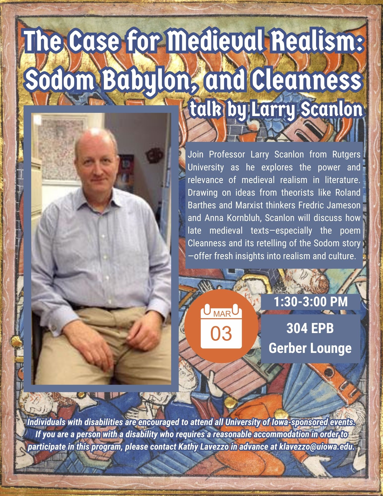 poster with medieval illustrations in background, photo of Professor Larry Scanlon in foreground with informational text