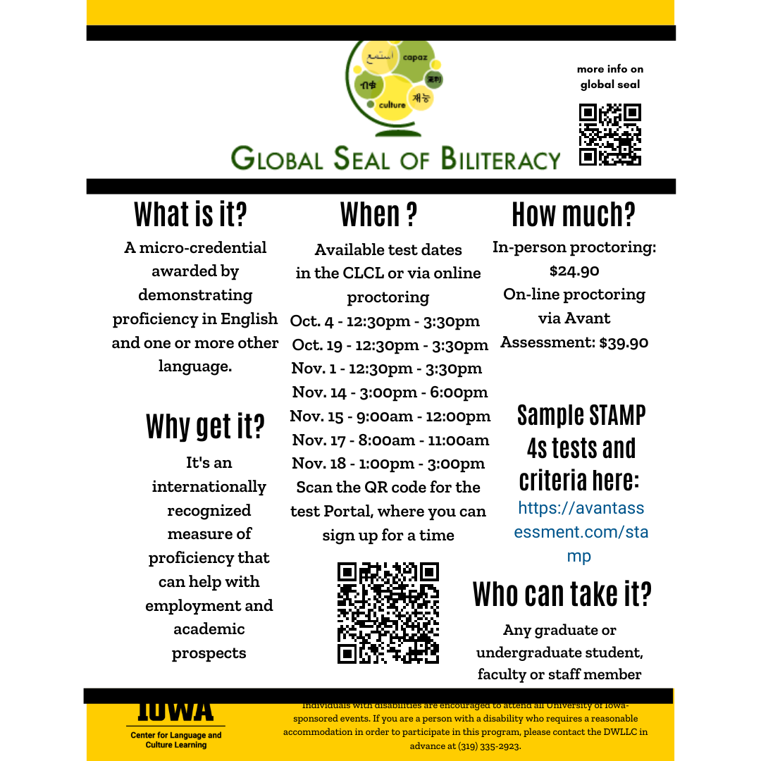 flyer with dates for global seal of biliteracy testing