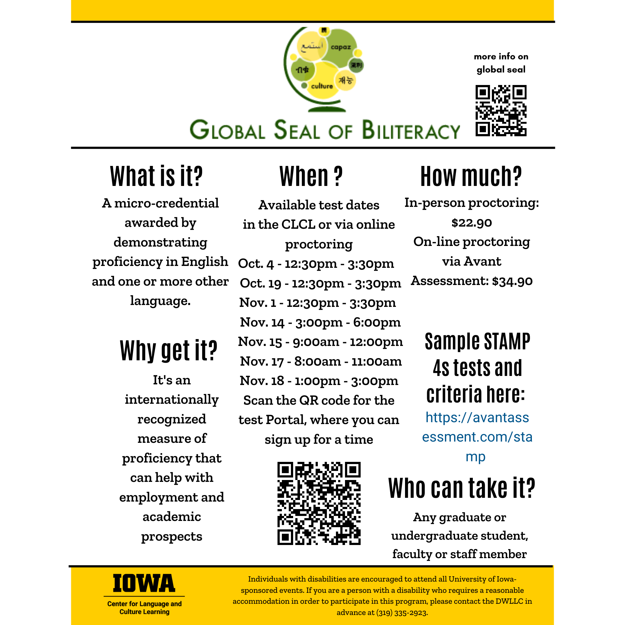 flyer with dates for global seal of biliteracy testing