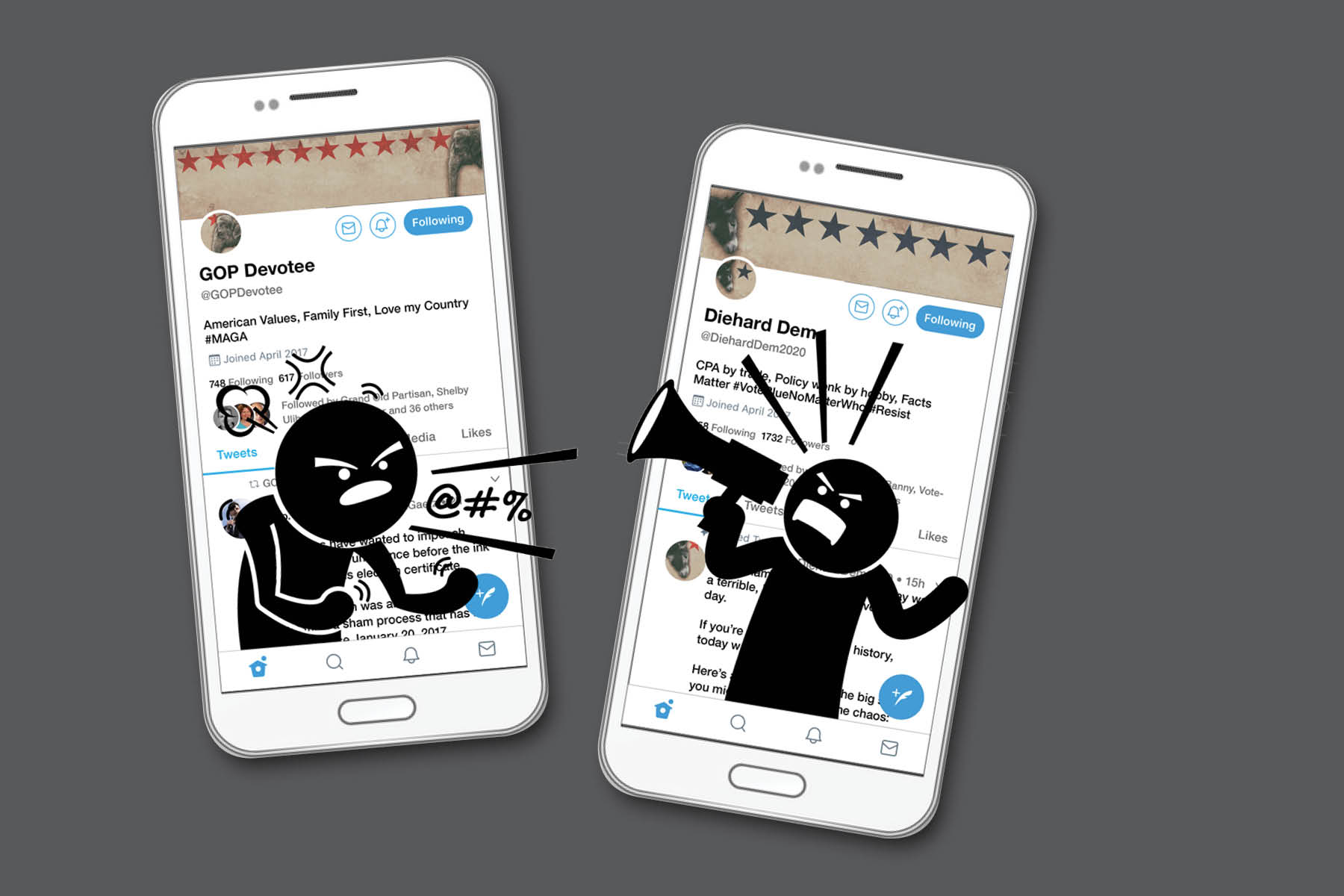 graphic of cell phones on twitter screens, stick figures shouting at each other from phones
