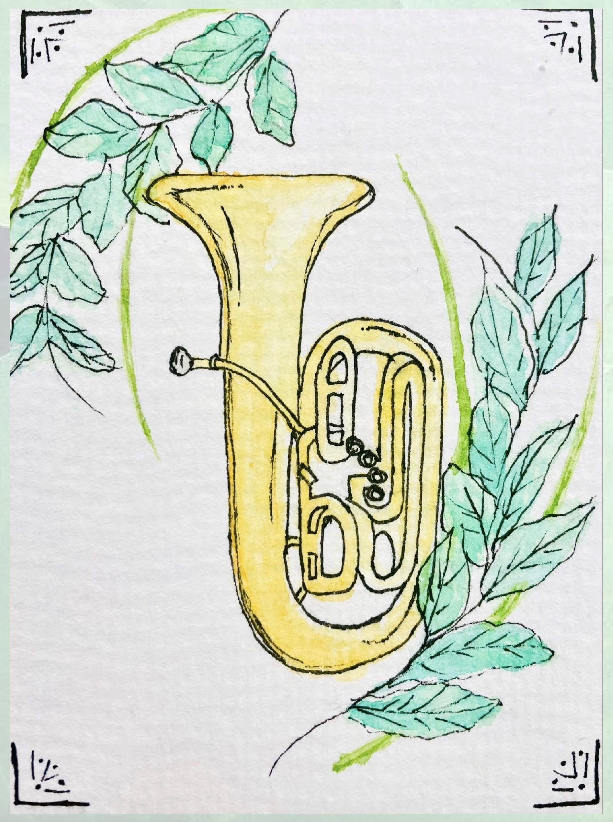Ink drawing of a tuba or euphonium colored with watercolor