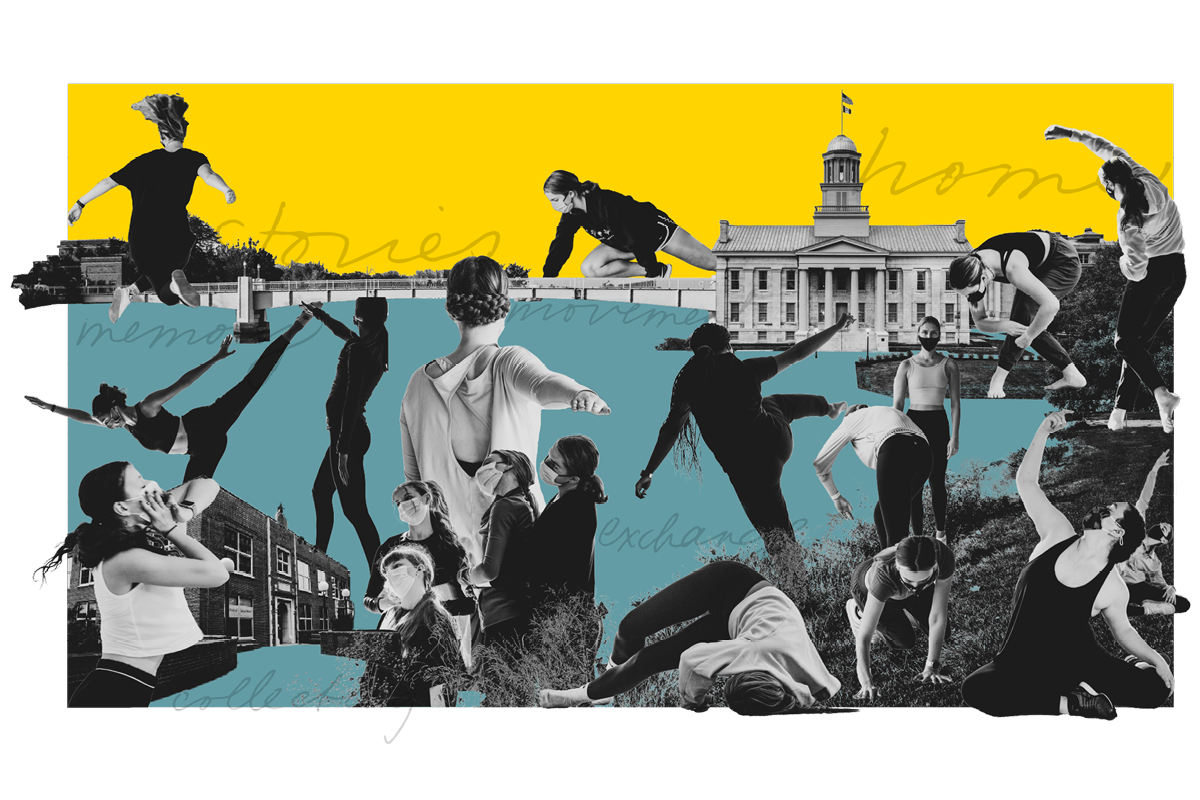 Black and white images of students dancing, spread over images of campus including the Old Capitol Building and North Hall.