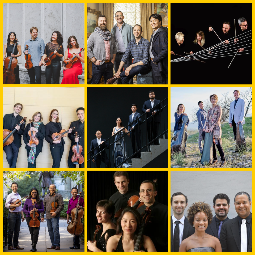 a collage of images of 9 differen string quartets who have participated in a UI residency in the past 10 years