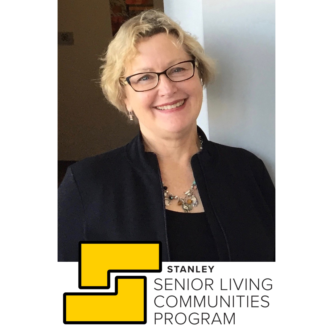 A photo of Linzee Kull McCray, a smiling blonde woman with glasses, juxtaposed with the Stanley Senior Living Communities Program logo.