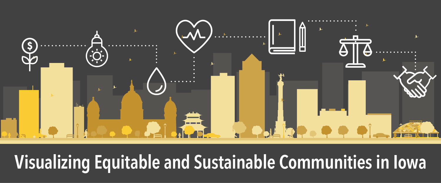 graphic of des moines skyline and sustainability icons