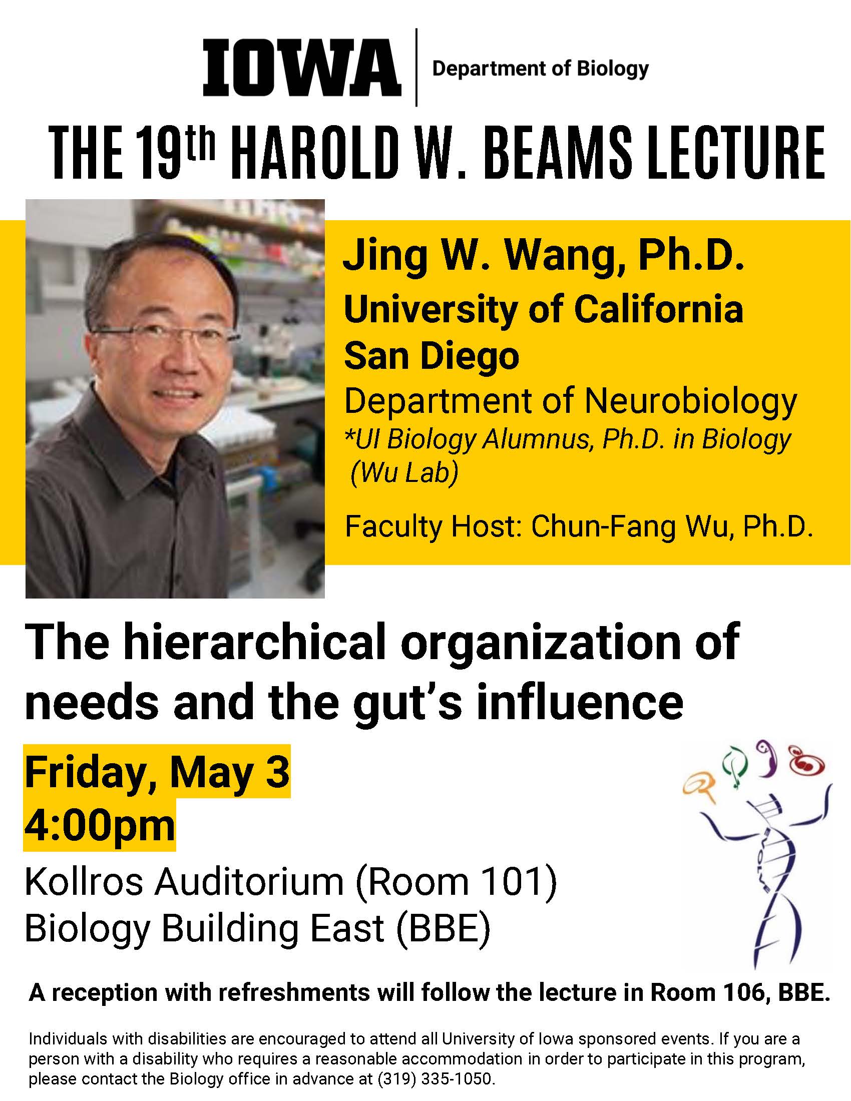 The 19th Harold W. Beams Lecture will be held on Friday, May 3 at 4pm in Kollros Auditorium (Room 101), Biology Building East. Our speaker for this special lecture is Jing W. Wang from UC San Diego. 
