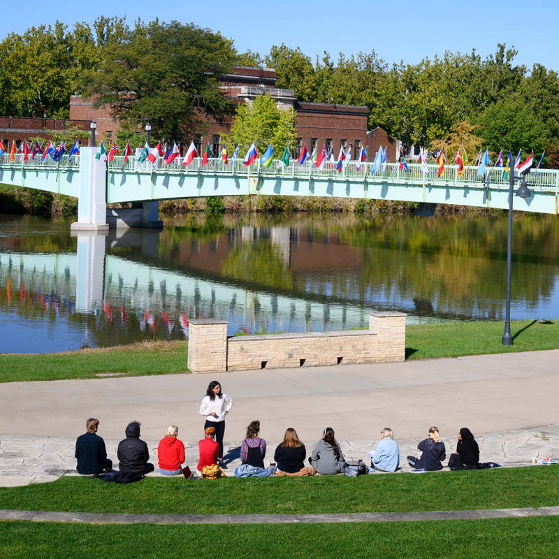 a group of students sitting in front of a bridge lined with colorful international flags