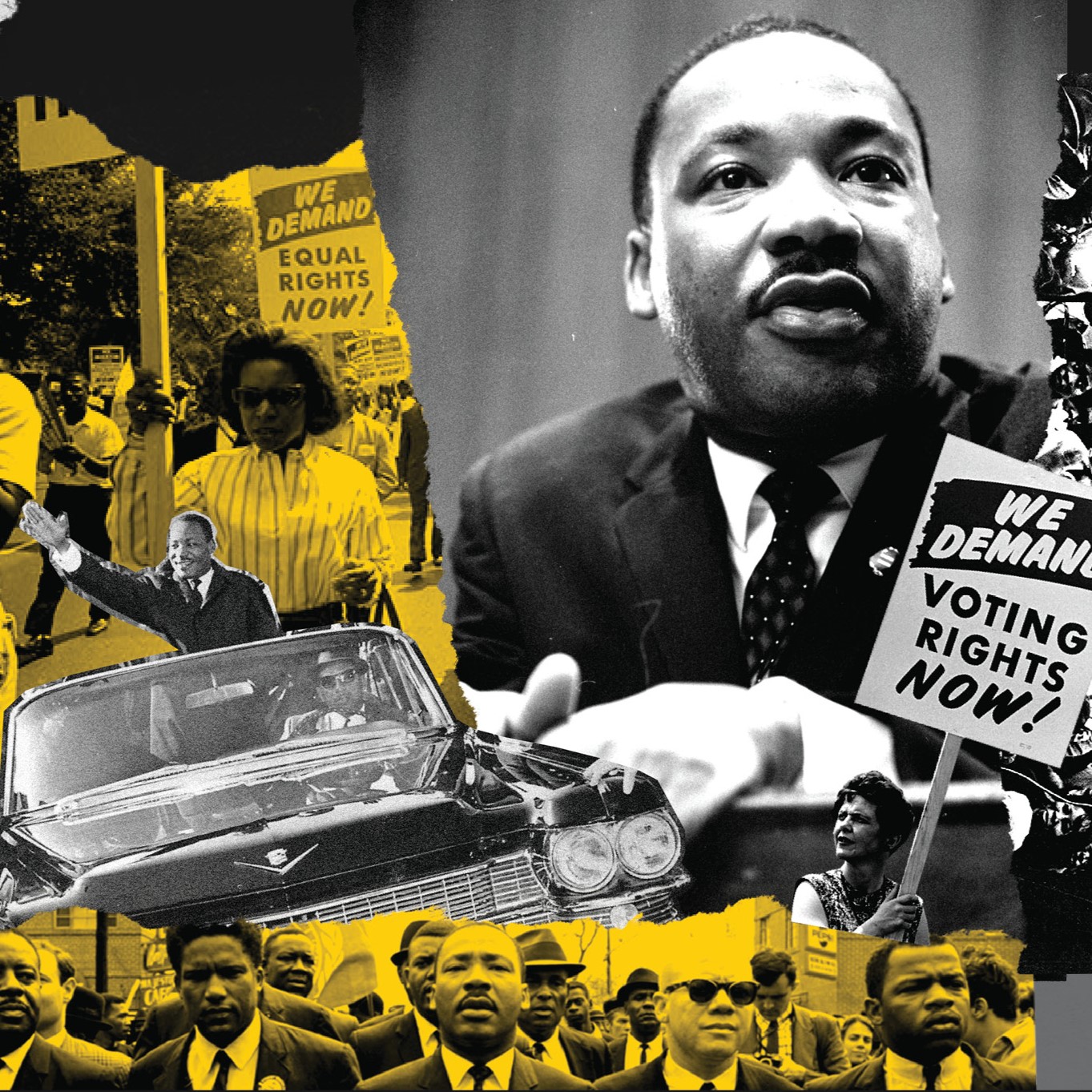 A collage of balck and white and yellow toned images of Martin Luther King and protestors