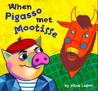 Colorful pig wearing a red beret, blue and white striped shirt, and blue patched jacks looks at red cog with darker red beard, red framed glasses with blue lenses, and green and blue patterned shirt