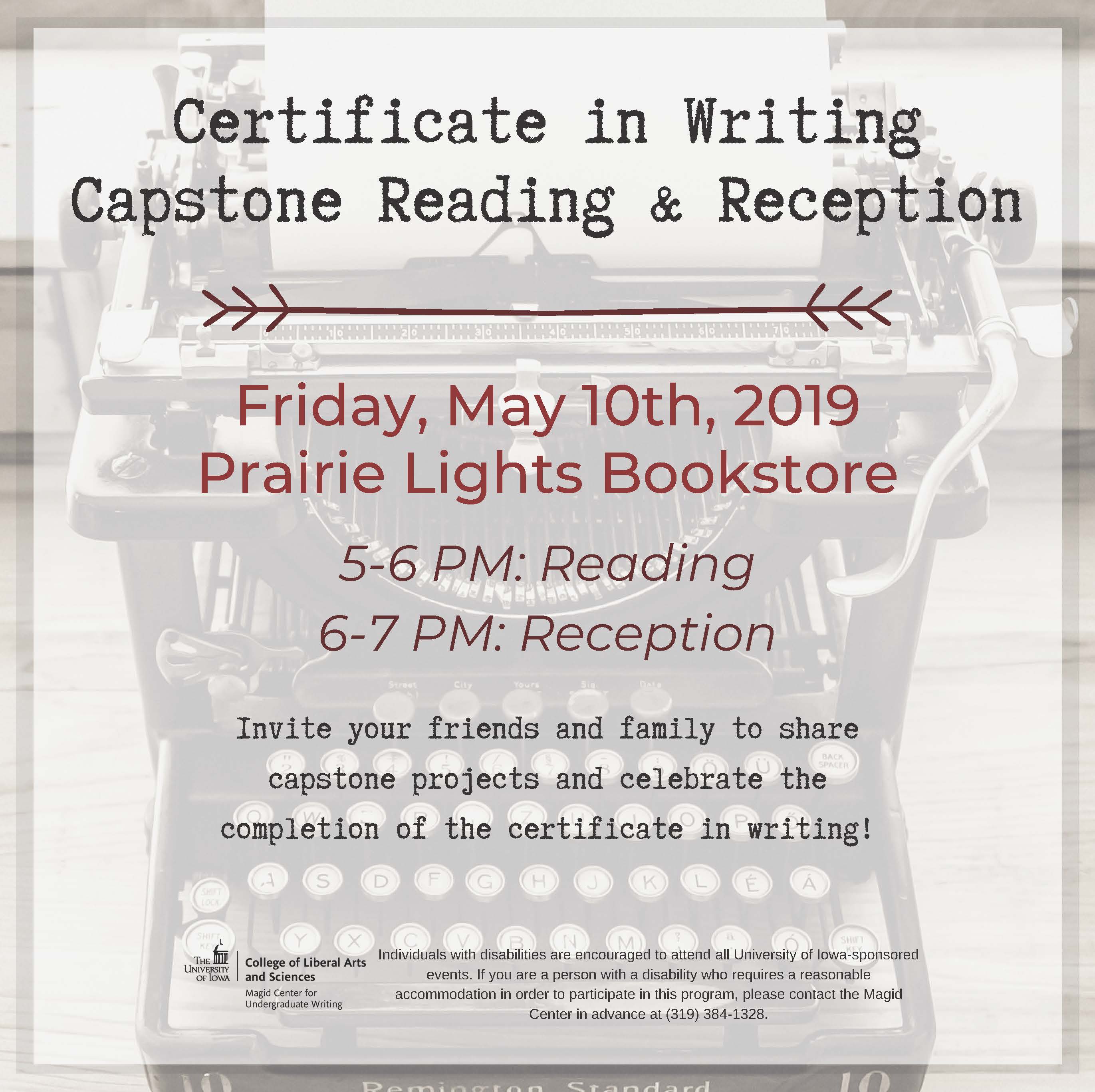 Flyer for Certificate in Writing Capstone Reading and Reception