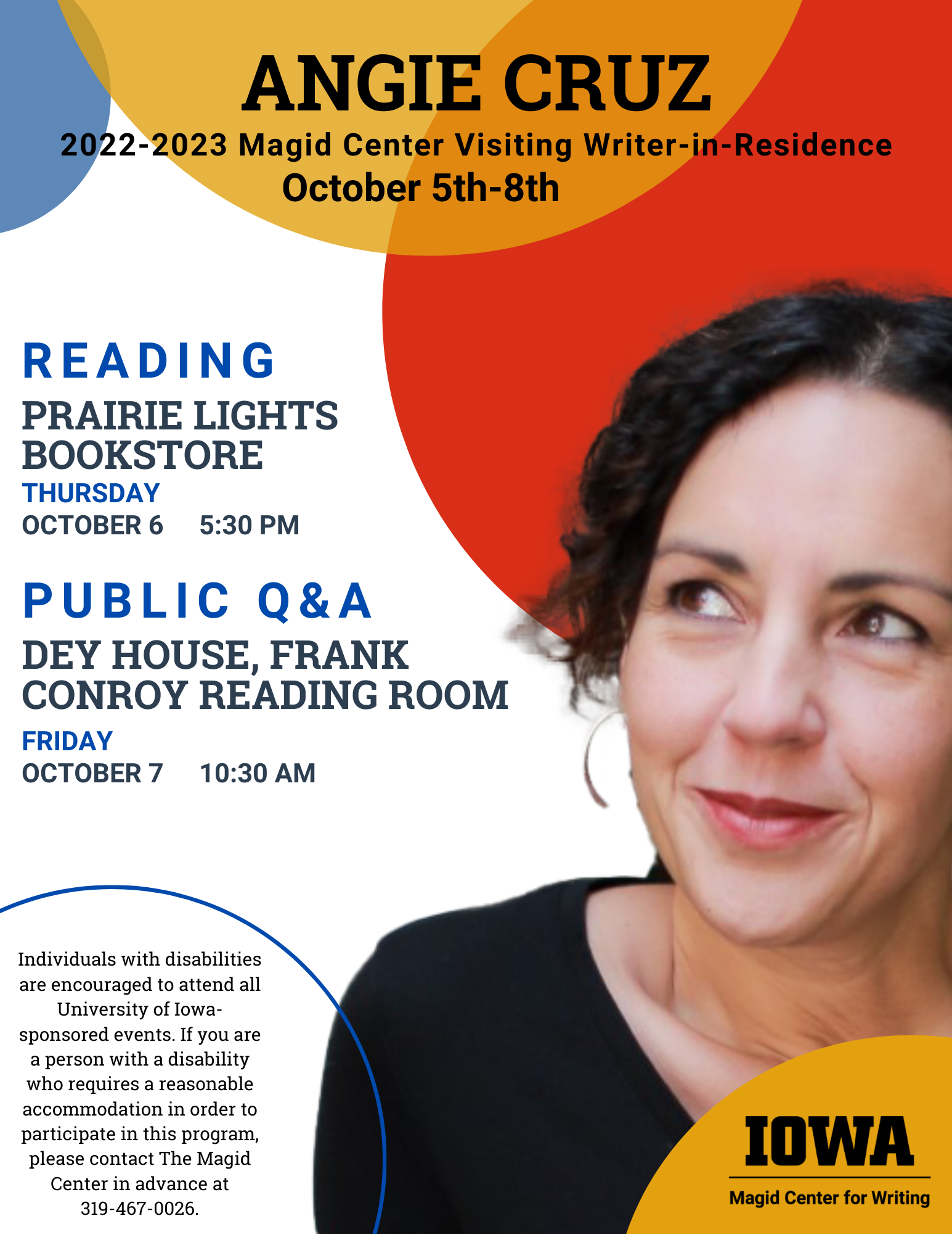 Angie Cruz 2022-2023 Magid Center Visiting Writer-in-Residence Event Flyer