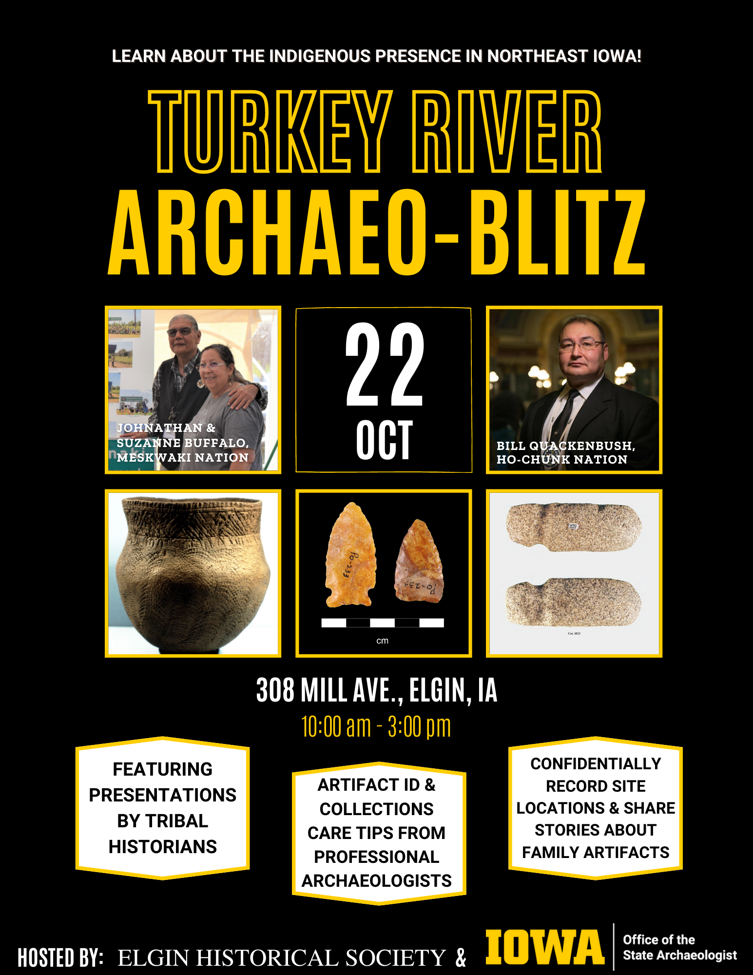 event flyer showing photos of the featured speakers and samples of archaeological artifacts