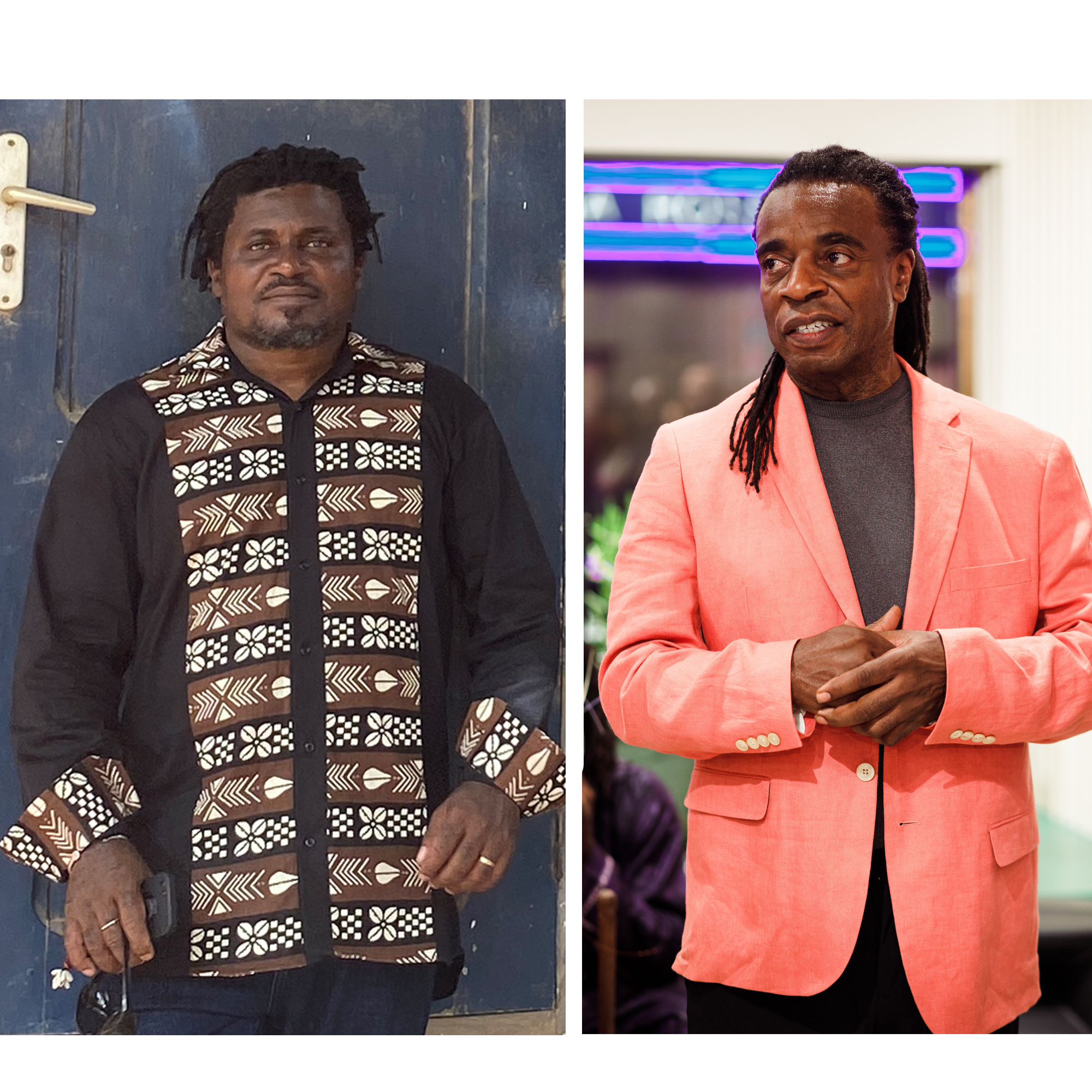 On left a Black man wearing printed, African-style shirt, on right a Black man wearing a salmon pink blazer