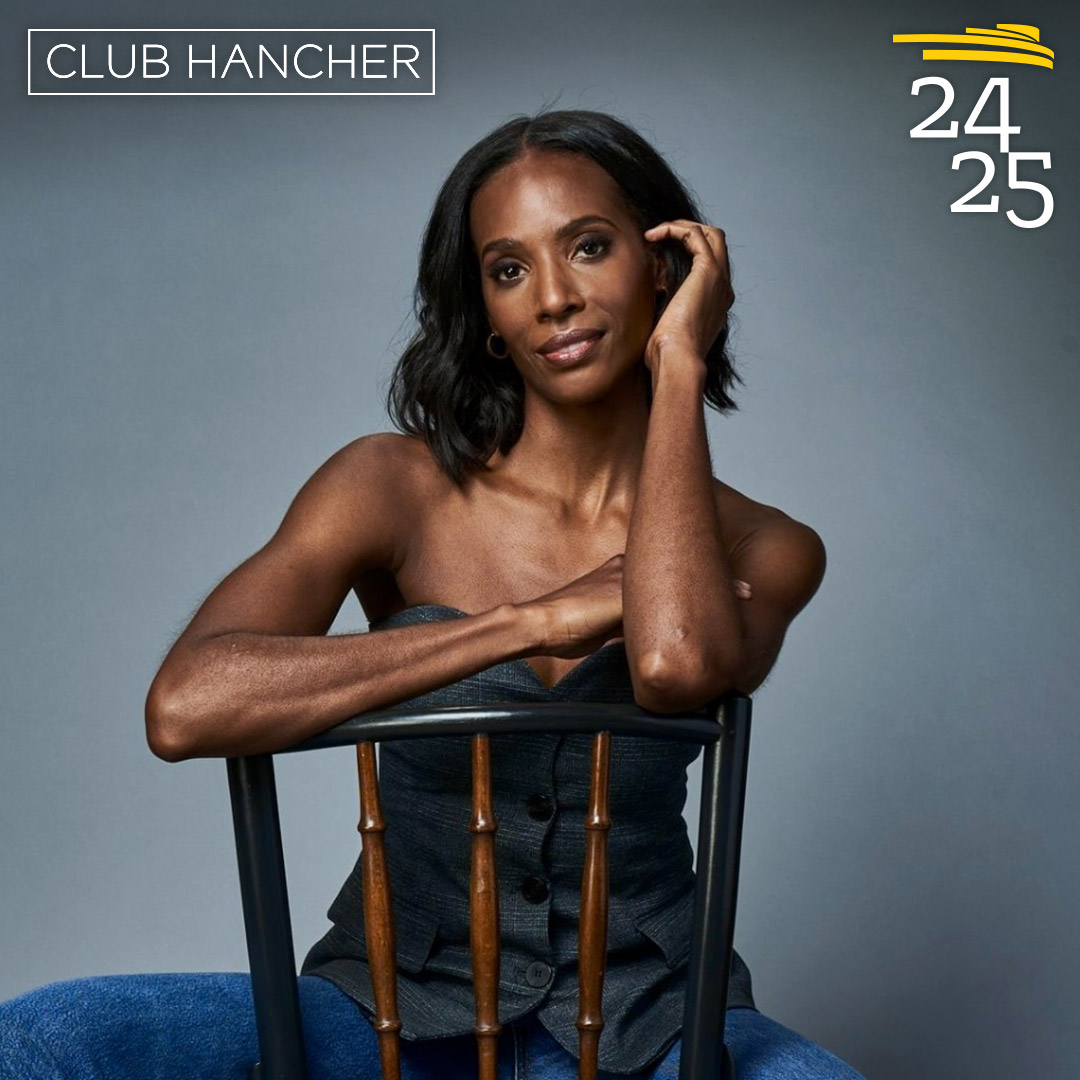 Zainab Johnson sitting backwards in a chair with her arms crossed across the top. Club Hancher text treatment in upper left corner